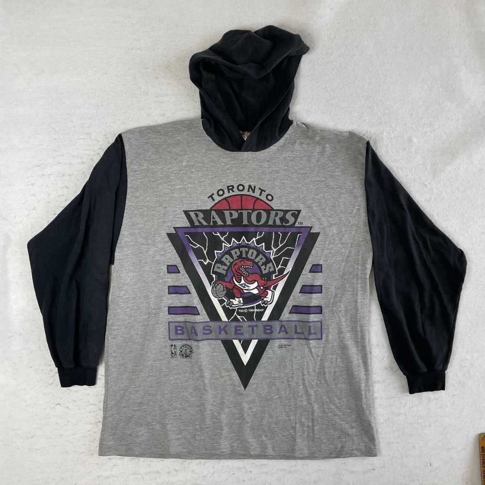 Vintage NBA‎ Toronto Raptors Hooded Long Sleeve Shirt Mens XL Grey Black 1994